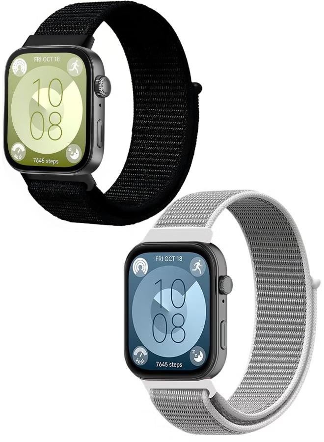 2PCS Nylon Strap for Huawei Watch Fit 3 / Fit 4 / Fit 4 Pro – Soft Stretch Braided Loop Replacement Bands (Black & White) - Image 1