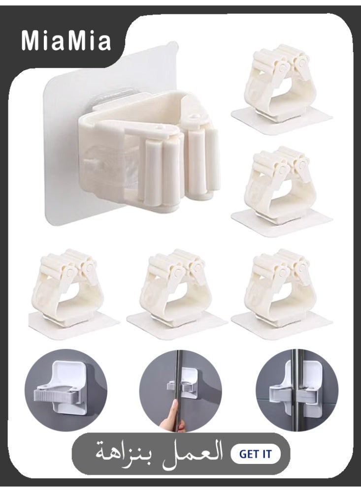 Miamia 6 Pieces Mop Holder Self Adhesive Broom Wall Mounted Organizer Garden Tool Hanger Sweeping Brush Tidy No Drilling Super Anti-Slip Split Type for Closet Kitchen Bathroom Whint - Image 1