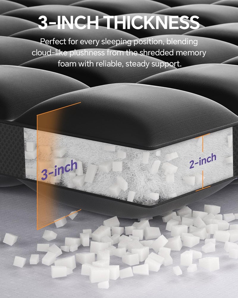 ChiXpace Dual Layer 5 Inch Memory Foam Mattress Topper King - 3 Inch Pillow Top Mattress Pad and 2 Inch Gel Memory Foam, 7-Zone Egg Crate King Size Mattress Topper (Black) - Image 2