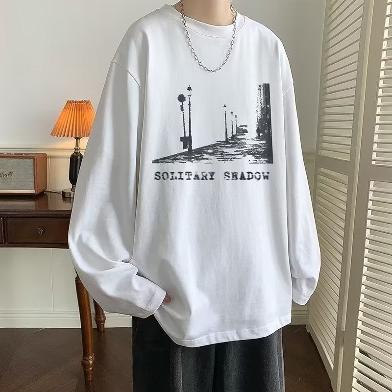 Autumn trendy thin long-sleeved T-shirt men's Japanese retro new printed T-shirt casual versatile couple bottoming shirt - Image 2