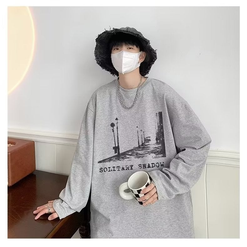 Autumn trendy thin long-sleeved T-shirt men's Japanese retro new printed T-shirt casual versatile couple bottoming shirt - Image 4