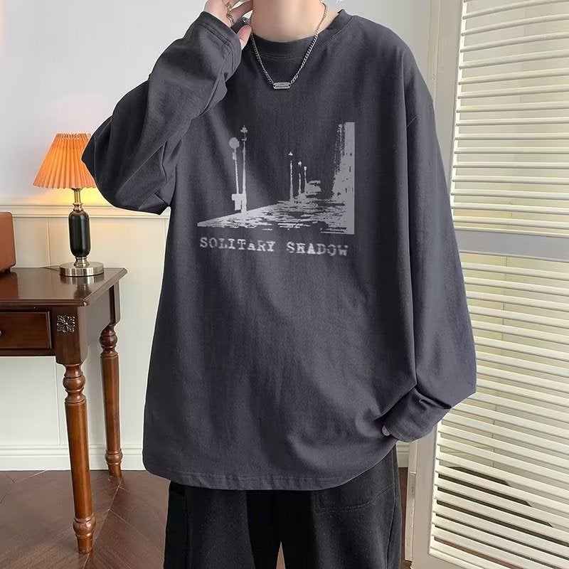 Autumn trendy thin long-sleeved T-shirt men's Japanese retro new printed T-shirt casual versatile couple bottoming shirt - Image 5
