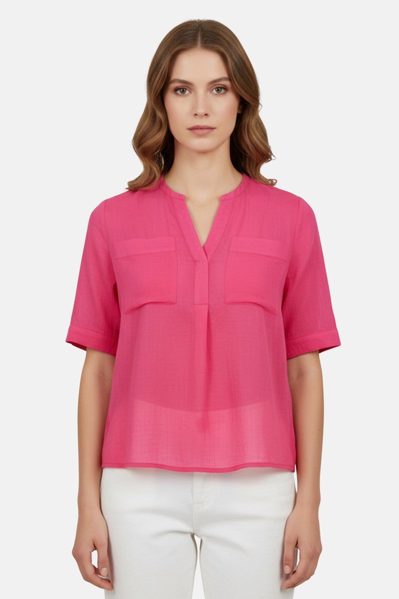 promod Women Split Neck Solid Short Sleeve Blouse, Dark Pink - Image 1