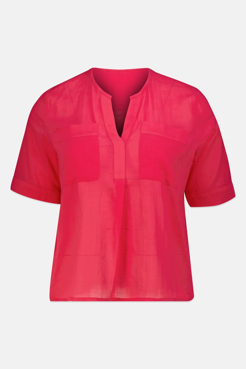 promod Women Split Neck Solid Short Sleeve Blouse, Dark Pink - Image 2