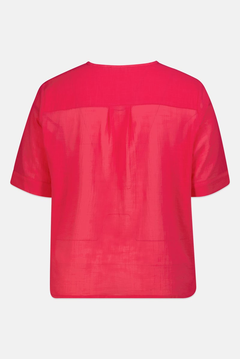 promod Women Split Neck Solid Short Sleeve Blouse, Dark Pink - Image 4