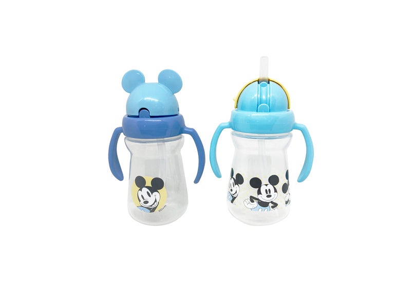 Disney Cudlie Mickey Mouse Baby Girl 2 Pack of 6 Oz Sippers Handles Pop Up Straw Character Molded Lid in Yellow & Blue - Image 1