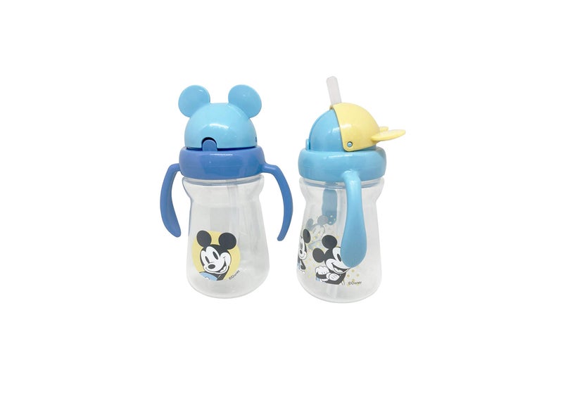 Disney Cudlie Mickey Mouse Baby Girl 2 Pack of 6 Oz Sippers Handles Pop Up Straw Character Molded Lid in Yellow & Blue - Image 3