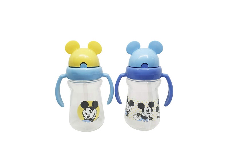 Disney Cudlie Mickey Mouse Baby Girl 2 Pack of 6 Oz Sippers Handles Pop Up Straw Character Molded Lid in Yellow & Blue - Image 2