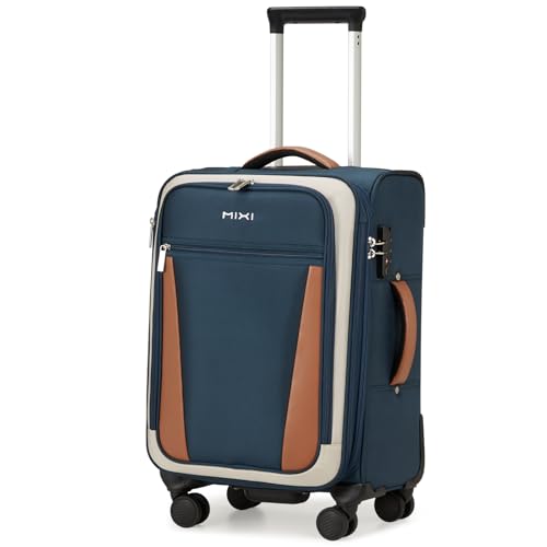 mixi Carry On Luggage 20 Inch Softside Expandable Suitcase with Front Pocket, 22x14x9 Airline Approved Rolling Lightweight Travel Suitcases with Wheels & TSA (Deep Blue-Off White) - Image 1