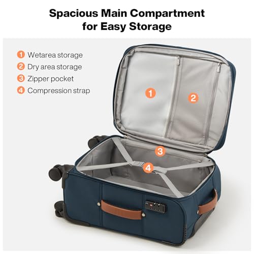 mixi Carry On Luggage 20 Inch Softside Expandable Suitcase with Front Pocket, 22x14x9 Airline Approved Rolling Lightweight Travel Suitcases with Wheels & TSA (Deep Blue-Off White) - Image 3