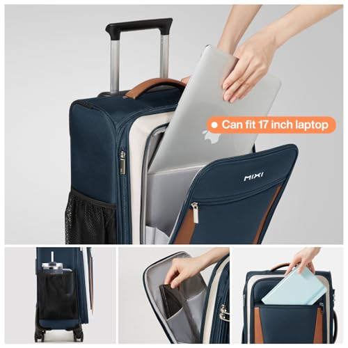 mixi Carry On Luggage 20 Inch Softside Expandable Suitcase with Front Pocket, 22x14x9 Airline Approved Rolling Lightweight Travel Suitcases with Wheels & TSA (Deep Blue-Off White) - Image 4