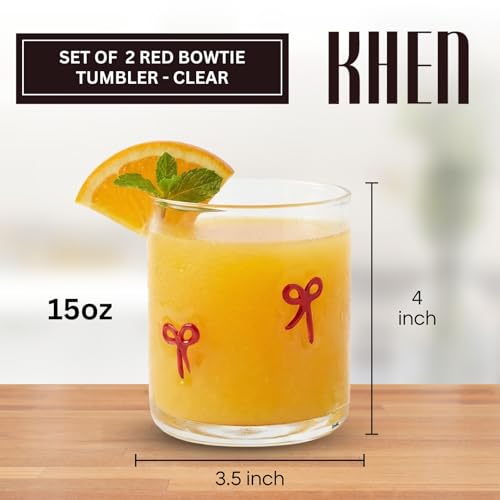 Khen 2 Pack Coquette Bow Icon Juice Glass Coquette Bow Aesthetic Cup 15 ounce Double Old Fashioned Icon Handblown Cocktail glasses for Women Friend Party, Bridal Shower Gifts (Red) - Image 2