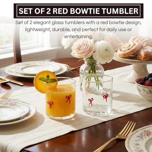 Khen 2 Pack Coquette Bow Icon Juice Glass Coquette Bow Aesthetic Cup 15 ounce Double Old Fashioned Icon Handblown Cocktail glasses for Women Friend Party, Bridal Shower Gifts (Red) - Image 3