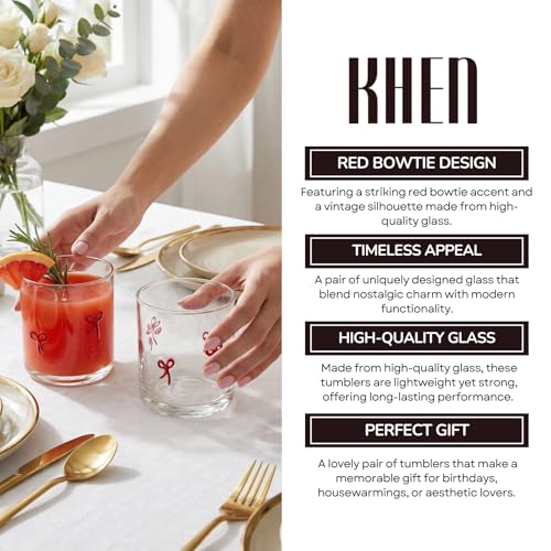 Khen 2 Pack Coquette Bow Icon Juice Glass Coquette Bow Aesthetic Cup 15 ounce Double Old Fashioned Icon Handblown Cocktail glasses for Women Friend Party, Bridal Shower Gifts (Red) - Image 5