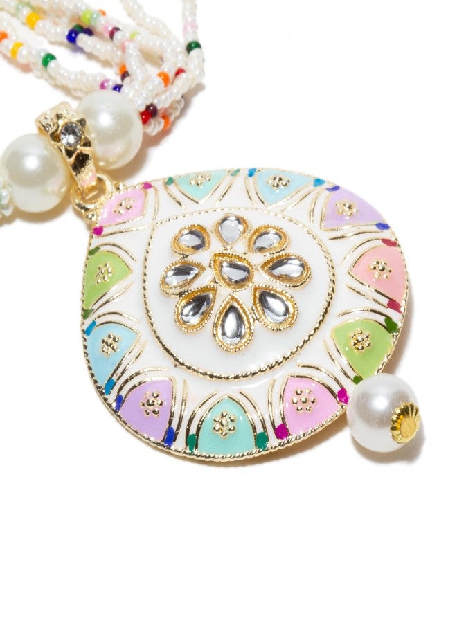 بينداني طقم مجوهرات بيندهاني الهندي على طراز بوليوود، يتضمن أقراطاً وقلادة مرصعة بأحجار الكوندان بتقنية ميناكاري، مناسب للنساء. - Image 4