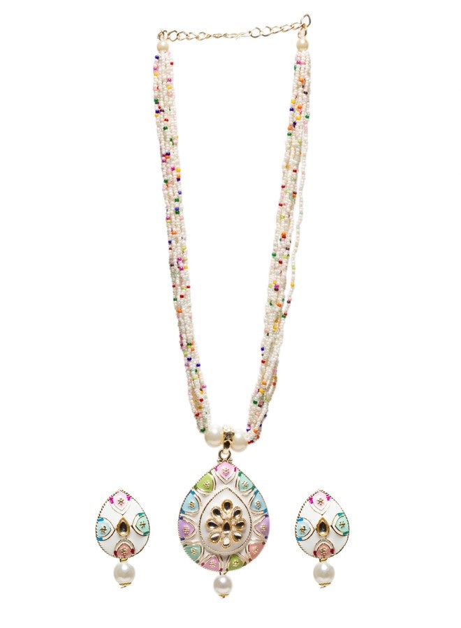 بينداني طقم مجوهرات بيندهاني الهندي على طراز بوليوود، يتضمن أقراطاً وقلادة مرصعة بأحجار الكوندان بتقنية ميناكاري، مناسب للنساء. - Image 1