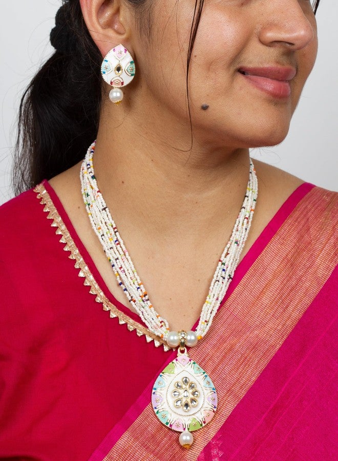 بينداني طقم مجوهرات بيندهاني الهندي على طراز بوليوود، يتضمن أقراطاً وقلادة مرصعة بأحجار الكوندان بتقنية ميناكاري، مناسب للنساء. - Image 3