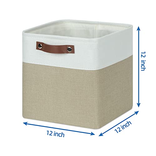 Temary Fabric Storage Baskets 12x12 Cube Bins 4 Pack Cloth Baskets for Shelf, Storage Cubes Bins Gift Empty (White&Khaki) - Image 2