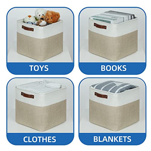 Temary Fabric Storage Baskets 12x12 Cube Bins 4 Pack Cloth Baskets for Shelf, Storage Cubes Bins Gift Empty (White&Khaki) - Image 4