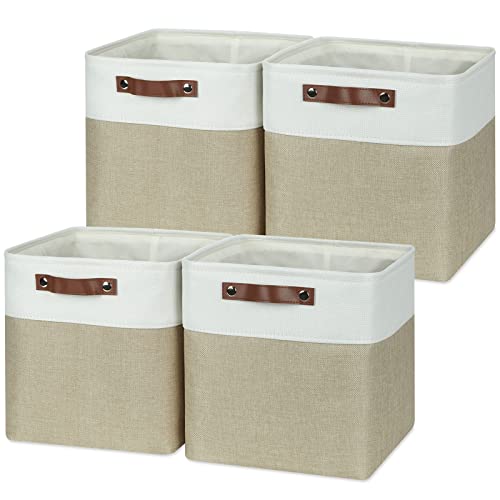 Temary Fabric Storage Baskets 12x12 Cube Bins 4 Pack Cloth Baskets for Shelf, Storage Cubes Bins Gift Empty (White&Khaki) - Image 1