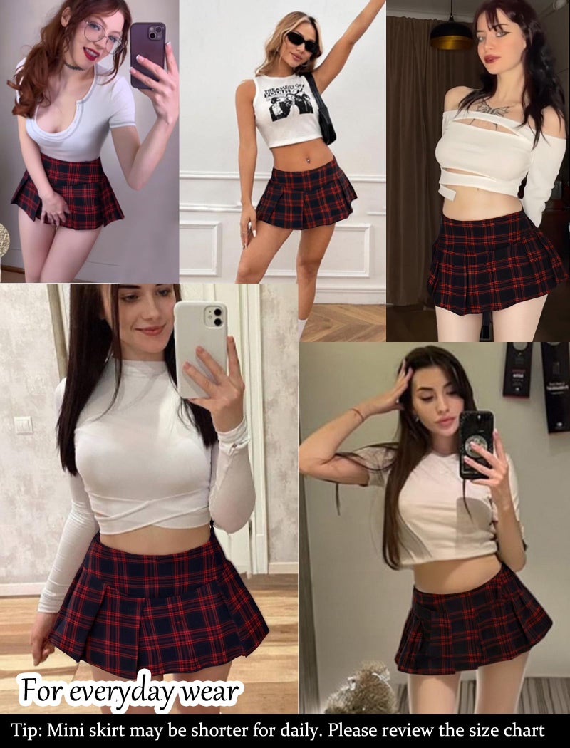Avidlove Women's Plaid Skirt High Waist Zip Up Pleated Sexy Mini Skirt Dark Red Medium - Image 5