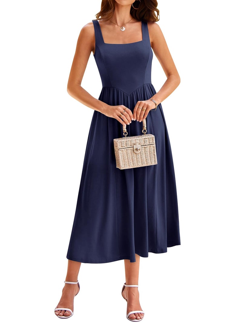 YATHON Navy Blue Dress for Women Wedding Guest Corset Midi Formal Evening Party Dress with Pockets Dinner Attire (YT638-Navy,M) - Image 1