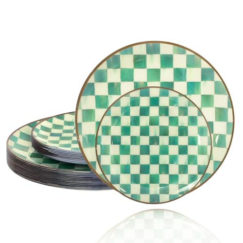 U-QE UQE 20PCS Green Plastic Plates for Party Retro Checkered Plates Disposable Heavy Duty White and Green Disposable Plate for Party Birthdays 10 1025 Inch Dinner and 10 75 Inch Dessert Plate - Image 1