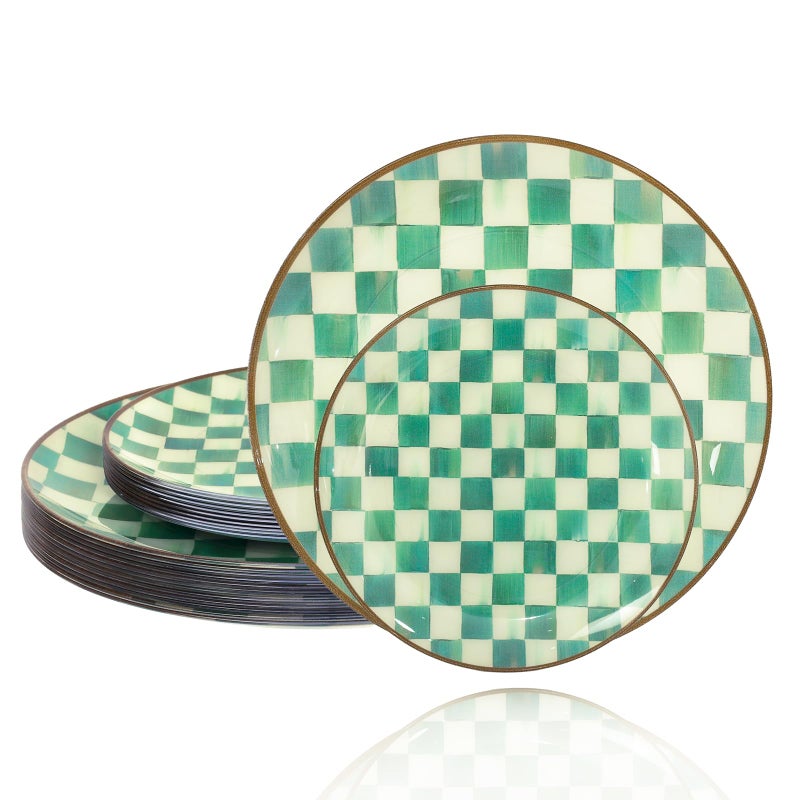 U-QE UQE 20PCS Green Plastic Plates for Party Retro Checkered Plates Disposable Heavy Duty White and Green Disposable Plate for Party Birthdays 10 1025 Inch Dinner and 10 75 Inch Dessert Plate - Image 2