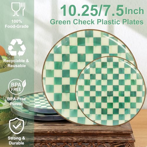 U-QE UQE 20PCS Green Plastic Plates for Party Retro Checkered Plates Disposable Heavy Duty White and Green Disposable Plate for Party Birthdays 10 1025 Inch Dinner and 10 75 Inch Dessert Plate - Image 3