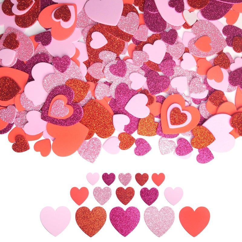 HADDIY Valentines Day Foam Heart Stickers300 Pcs Glitter Red Pink Hearts for Crafts 3 Different Sizes Heart Shape Decals for Kids Art Scrapbooking and Wedding Decor