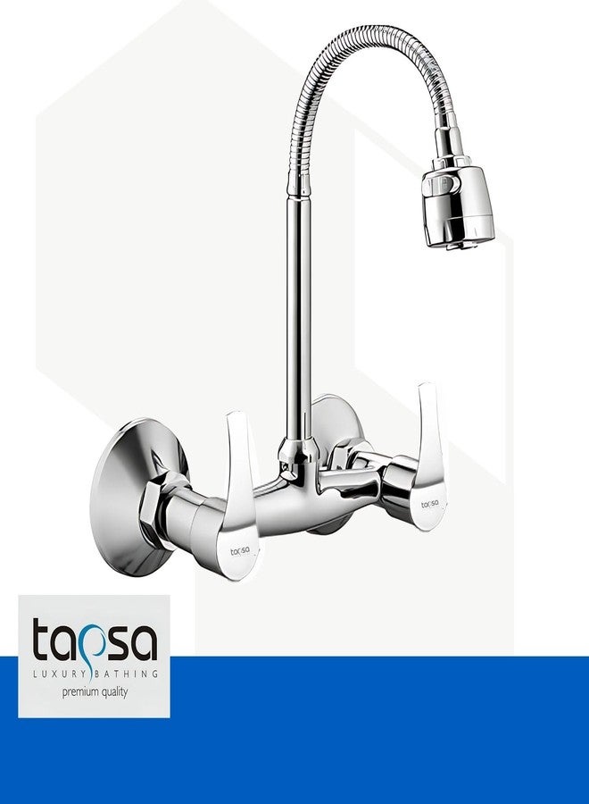 TAPSA LUXURY BATHING خلاط حوض مطبخ جداري من النحاس الأصفر من مجموعة تابسا توباز، مزود بفوهة مرنة مزدوجة التدفق للماء الساخن والبارد (عبوة من قطعة واحدة)، مناسب للمطبخ/الحمام، مطلي بالكروم، ومزود بمقبضين. - Image 2