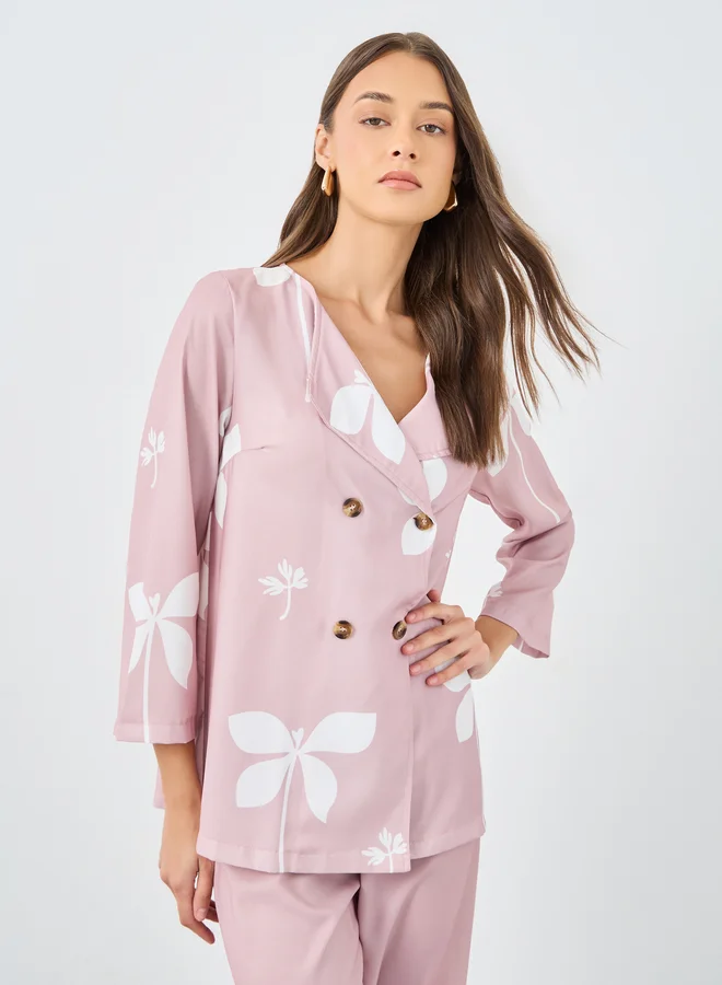 ستايلي Styli Pink Floral Print Collared Shirt and Trouser Modest Set