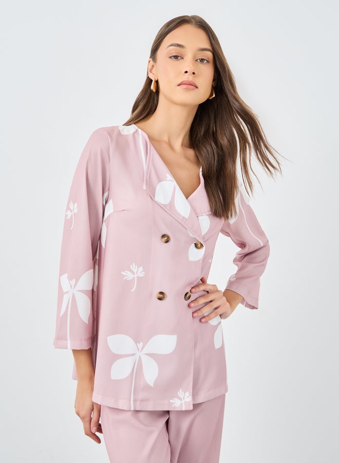 Styli Pink Floral Print Collared Shirt and Trouser Modest Set - Image 2