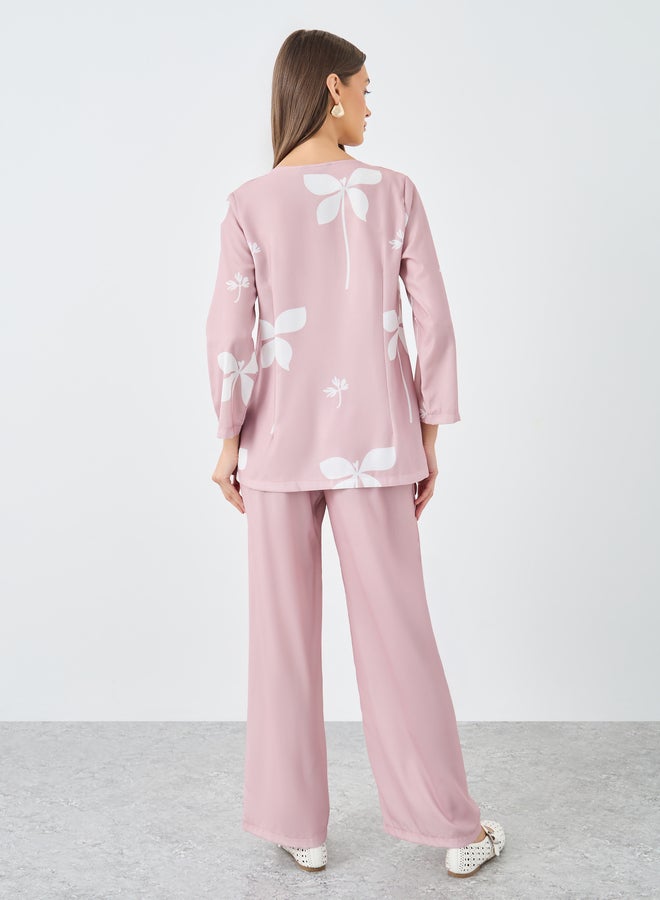 Styli Pink Floral Print Collared Shirt and Trouser Modest Set - Image 5