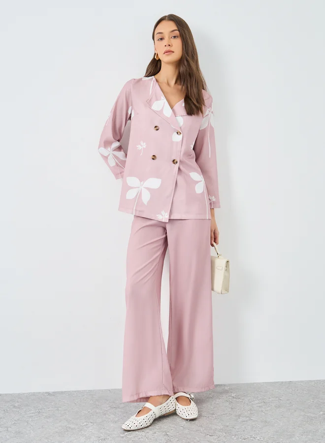 ستايلي Styli Pink Floral Print Collared Shirt and Trouser Modest Set