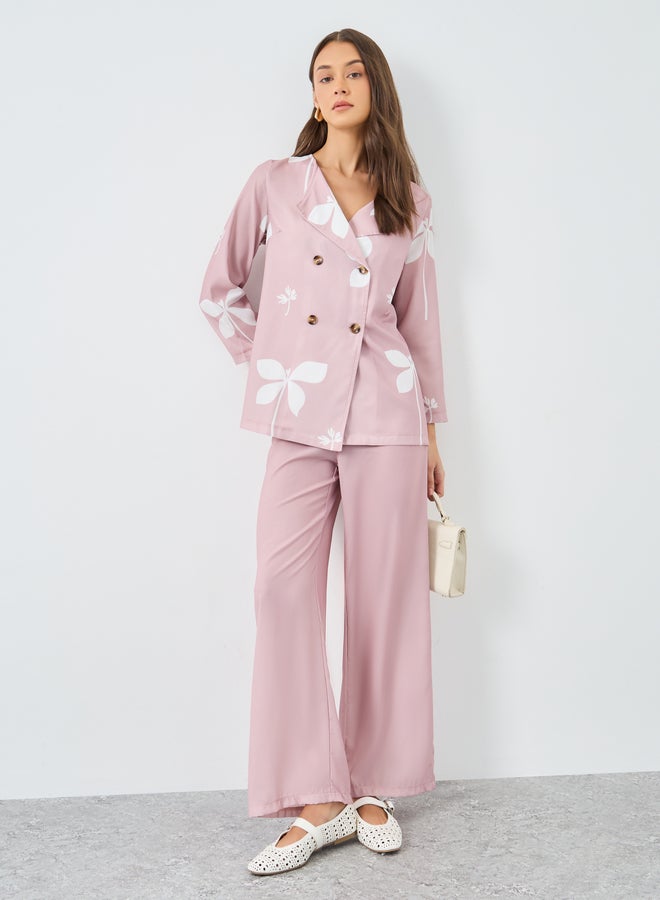 Styli Pink Floral Print Collared Shirt and Trouser Modest Set - Image 1