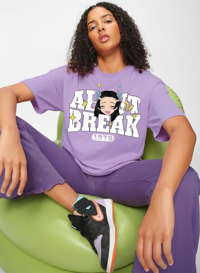 تايك تو تيشيرت نسائي بنفسجي كبير برسومات أنمي من ذا دراي ستيت