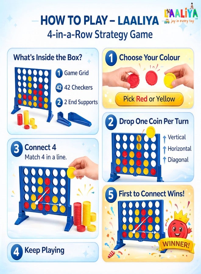 LAALIYA 4-in-a-Row Strategy Board Game for Kids & Family | Classic Plot 4 Logic Puzzle | Portable Indoor Travel Toy & Brain Development Return Gift (2 Players) - Image 4