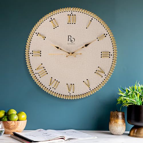 REGIIS OPERA Wooden Round Shape Roman Dial Wall Clock with Gold Zari Rope Detailing and Golden Hands | Silent Quartz Movement Anti Reflection Analog Vintage Clock for Home & Office (Ivory, 15.5 Inch) - Image 1