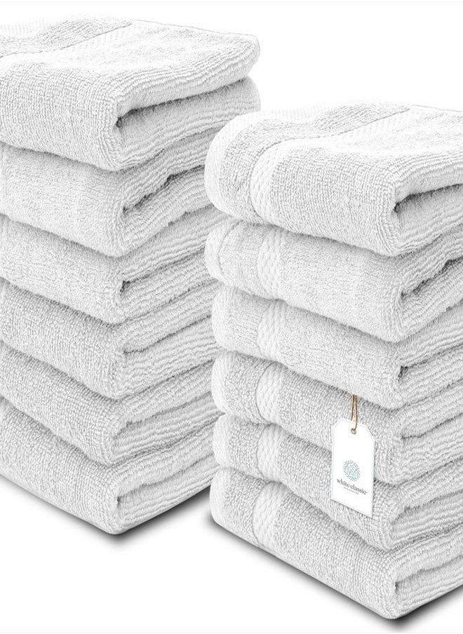 White Classic Luxury Cotton Washcloths - Large Hotel Spa Bathroom Face Towel | 12 Pack | Silver  - Image 1
