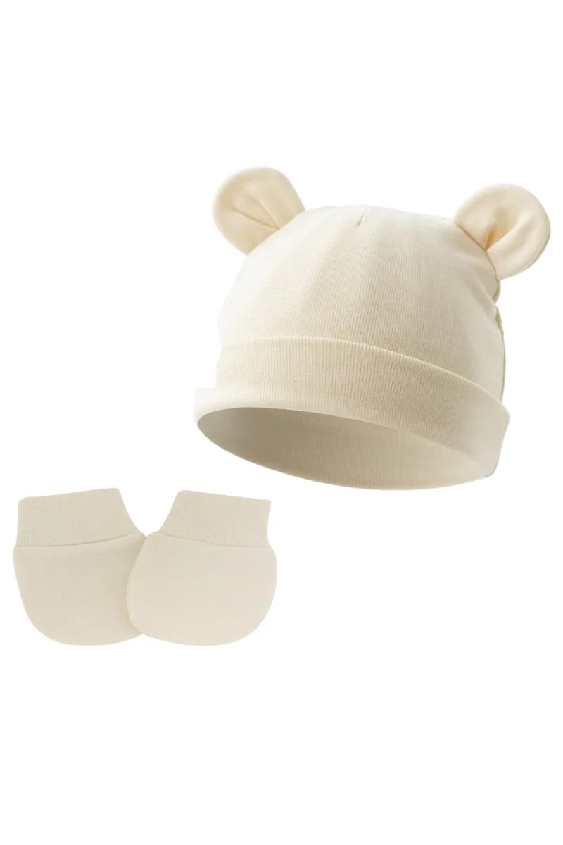 Bambimici Bambimici -  Set of 2 Little Bean Baby Hat and Mittens - Cream