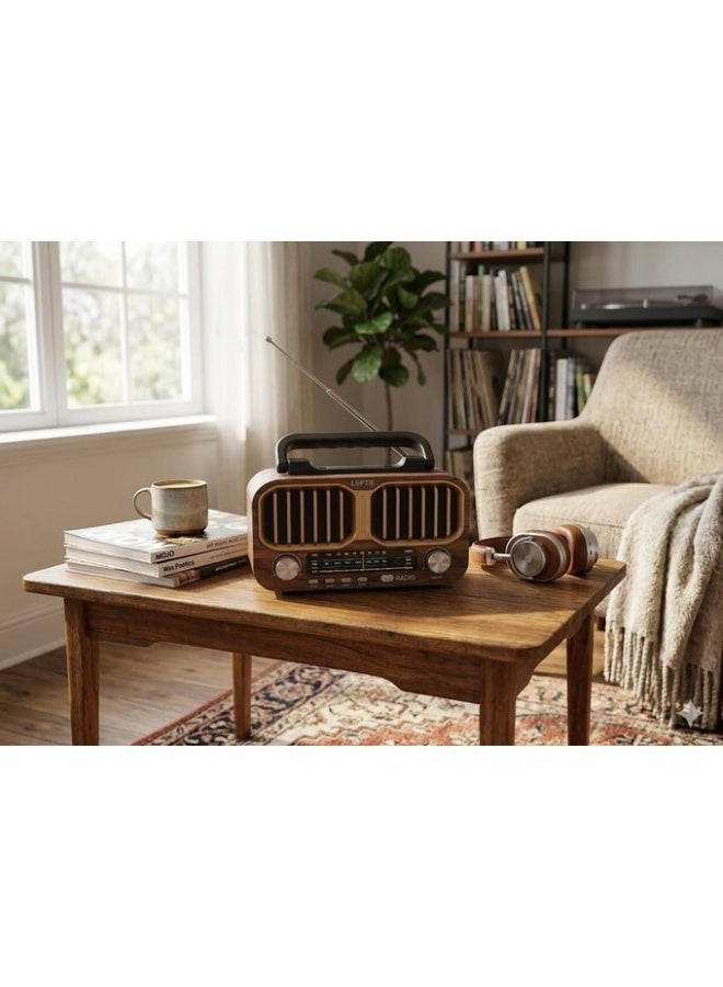 Leotec Portable Classic Radio featuring Bluetooth, USB, and TF card support, FM/AM/SW radio, and an elegant wooden design. - Image 2