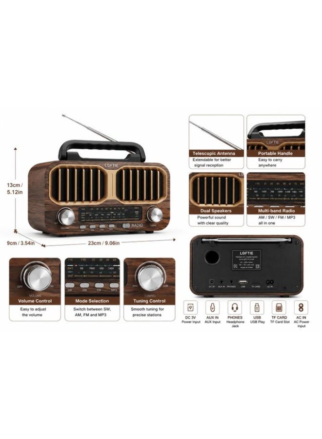Leotec Portable Classic Radio featuring Bluetooth, USB, and TF card support, FM/AM/SW radio, and an elegant wooden design. - Image 5