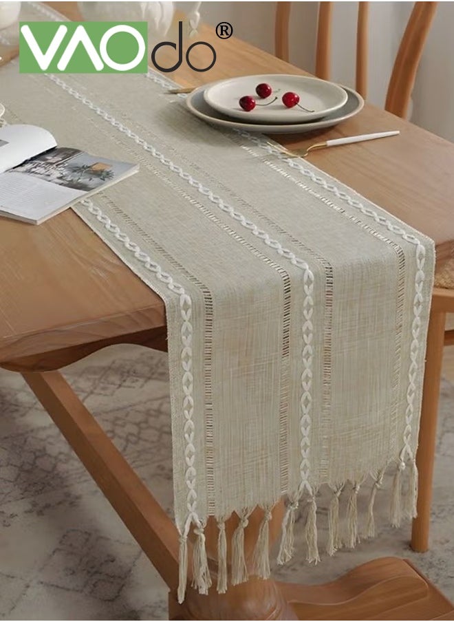 VAOdo Simple Table Runner Imitation Cotton and Linen Material Home Decoration with Tassel Table Mat Suitable For Tea Table Long Table Decorative Cloth Beige 33*183cm  - Image 1