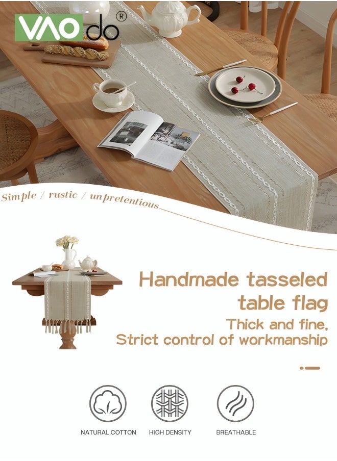 VAOdo Simple Table Runner Imitation Cotton and Linen Material Home Decoration with Tassel Table Mat Suitable For Tea Table Long Table Decorative Cloth Beige 33*183cm  - Image 3