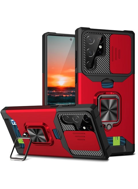 For Samsung Galaxy S24 Ultra Case with Card Holder, Galaxy S24 Ultra Case with Slide Camera Cover and 360° Rotate Ring Kickstand Magnetic car mount Phone Cover Case for Samsung Galaxy S24 Ultra（Red）
