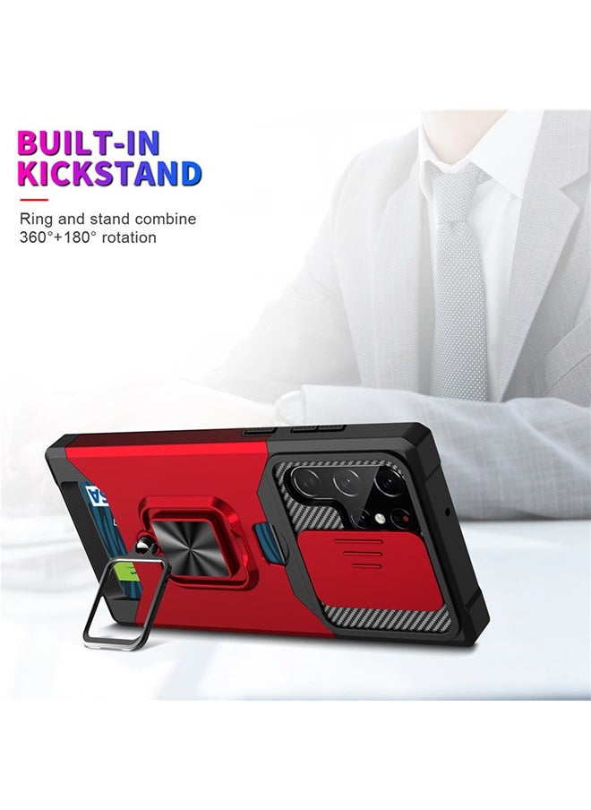 Generic - For Samsung Galaxy S24 Ultra Case with Card Holder, Galaxy S24 Ultra Case with Slide Camera Cover and 360° Rotate Ring Kickstand Magnetic car mount Phone Cover Case for Samsung Galaxy S24 Ultra（Red） - Image 1