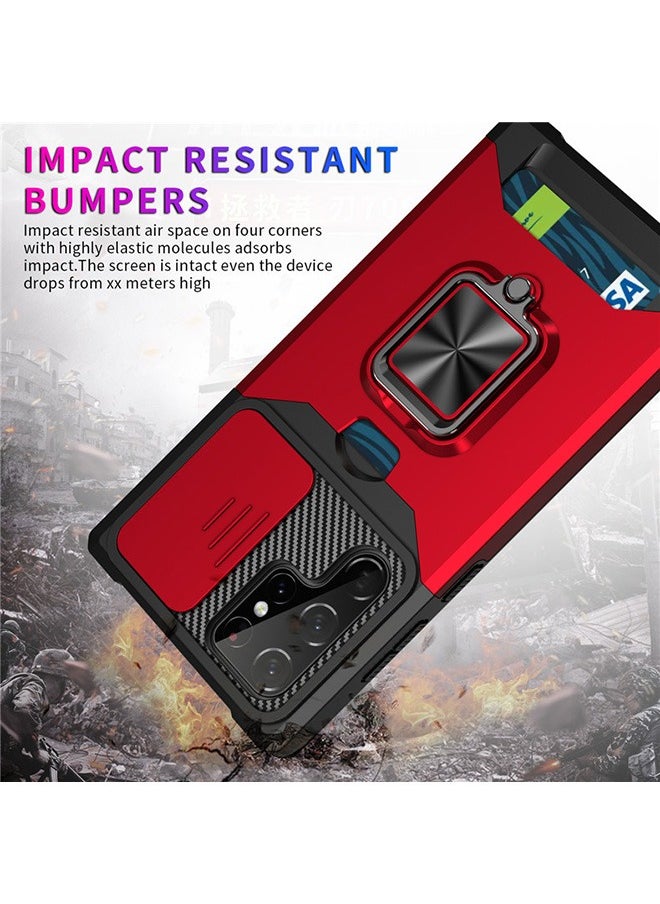 Generic - For Samsung Galaxy S24 Ultra Case with Card Holder, Galaxy S24 Ultra Case with Slide Camera Cover and 360° Rotate Ring Kickstand Magnetic car mount Phone Cover Case for Samsung Galaxy S24 Ultra（Red） - Image 1