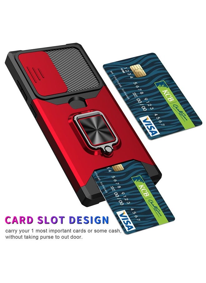 Generic - For Samsung Galaxy S24 Ultra Case with Card Holder, Galaxy S24 Ultra Case with Slide Camera Cover and 360° Rotate Ring Kickstand Magnetic car mount Phone Cover Case for Samsung Galaxy S24 Ultra（Red） - Image 1