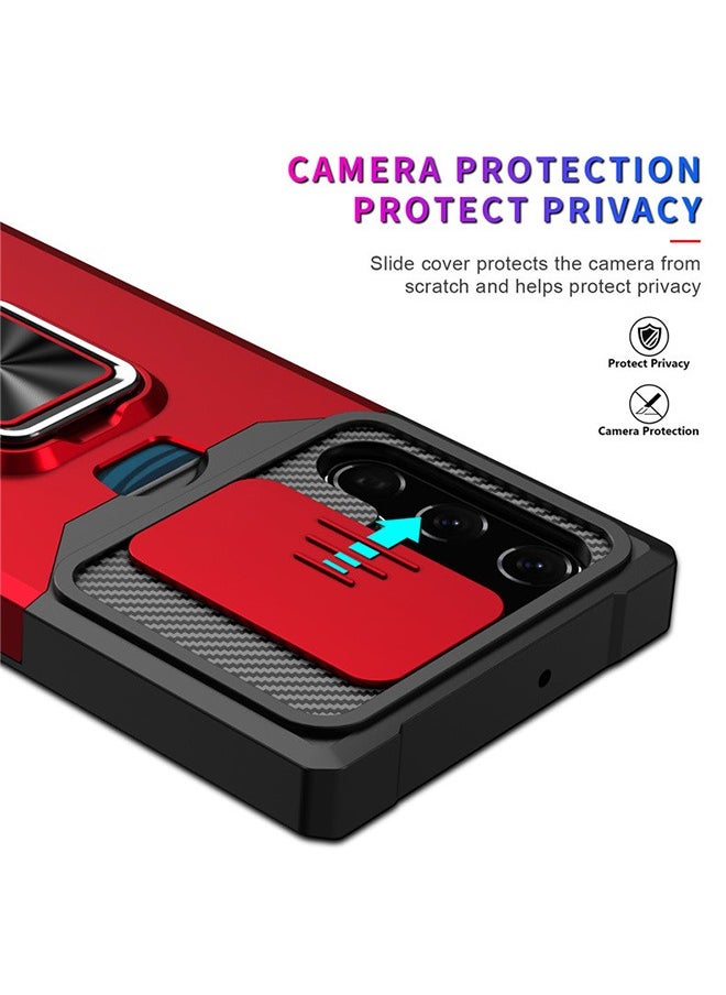 Generic - For Samsung Galaxy S24 Ultra Case with Card Holder, Galaxy S24 Ultra Case with Slide Camera Cover and 360° Rotate Ring Kickstand Magnetic car mount Phone Cover Case for Samsung Galaxy S24 Ultra（Red） - Image 1
